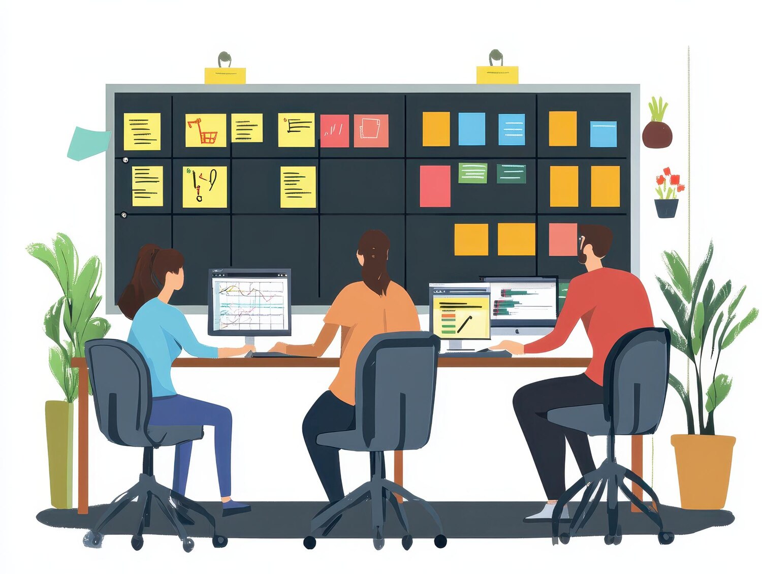 Product and engineering team collaborating during quarterly roadmap planning with kanban boards