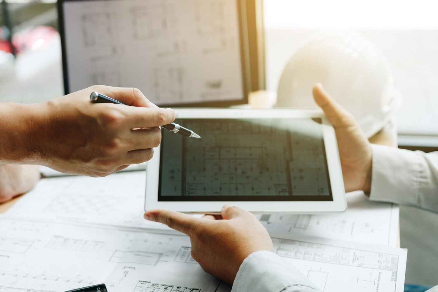 Architect comparing build versus buy options for an integration platform on a tablet during a technical planning session