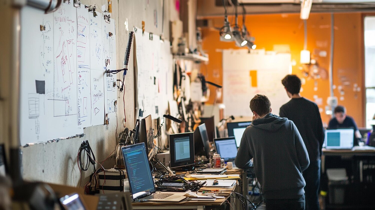 Cross-functional team aligning on brand components and workflows guided by visual identity guidelines