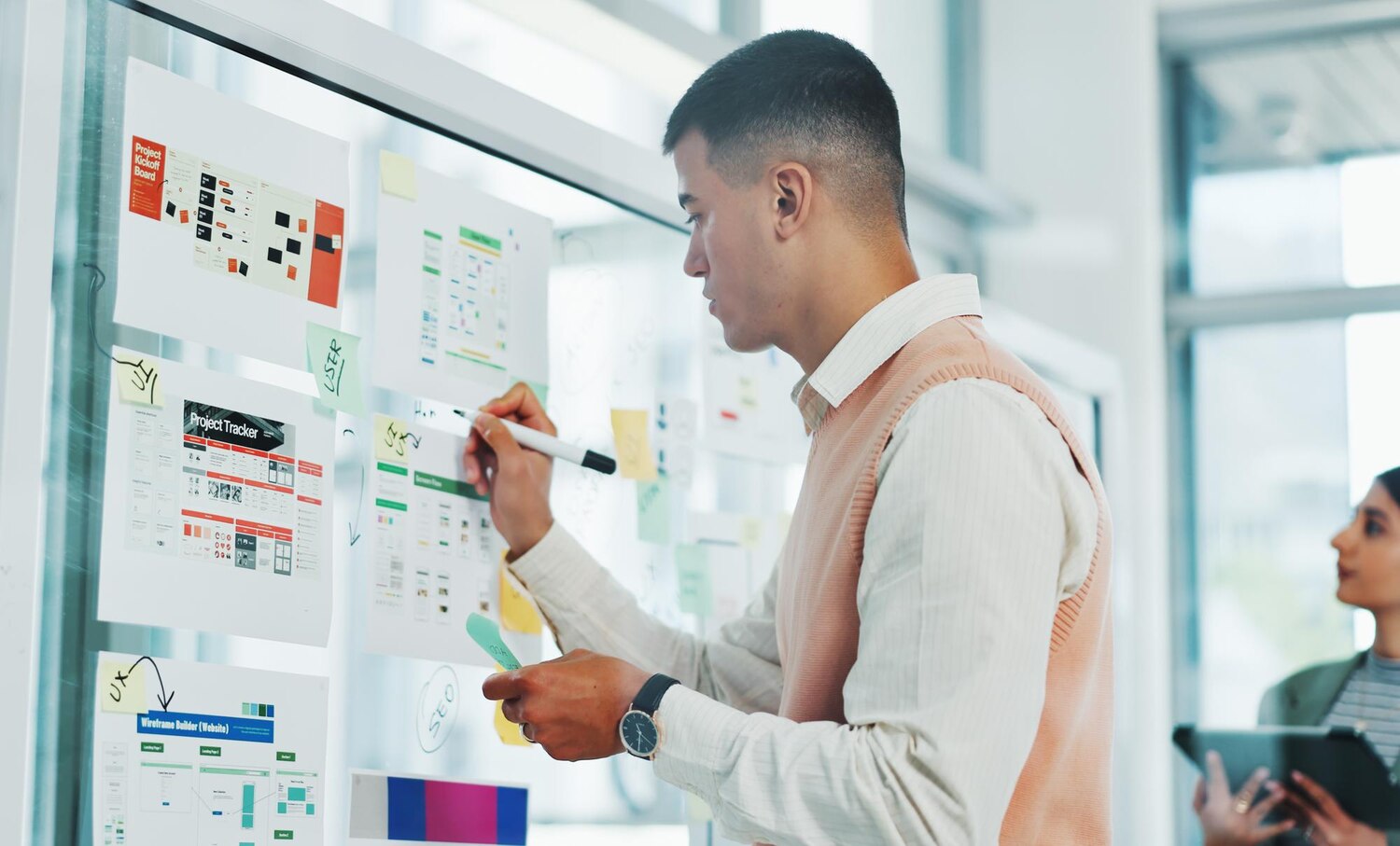 Team mapping a test priority matrix to guide conversion-focused web design decisions