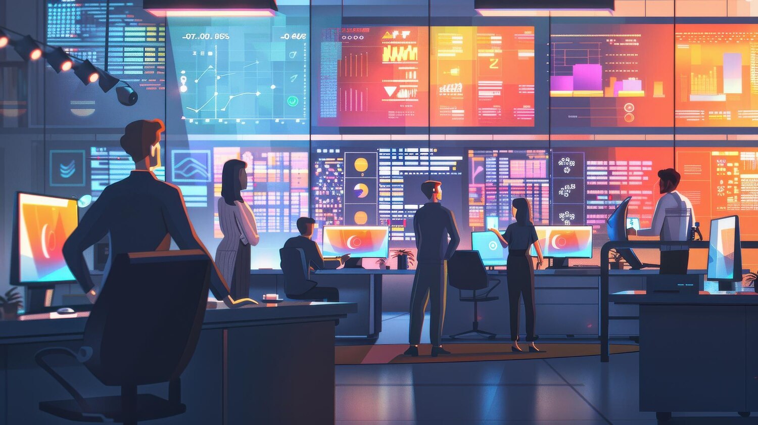 Cross-functional team coordinating a platform migration with Kanban boards and performance dashboards during a go-live window