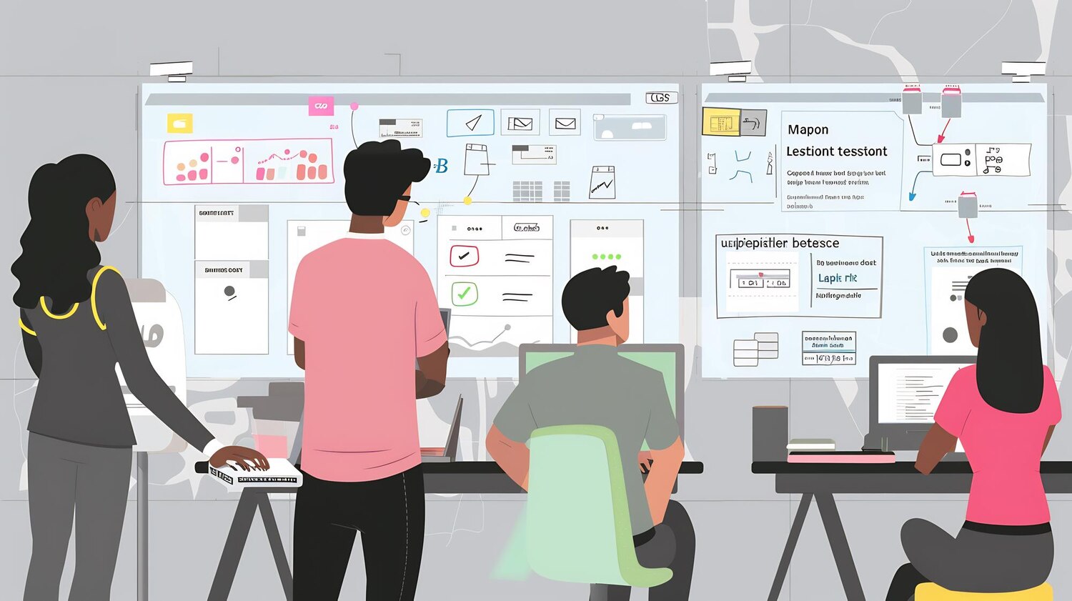 Cross-functional team iterating on checkout flow using Figma prototypes and a Jira backlog