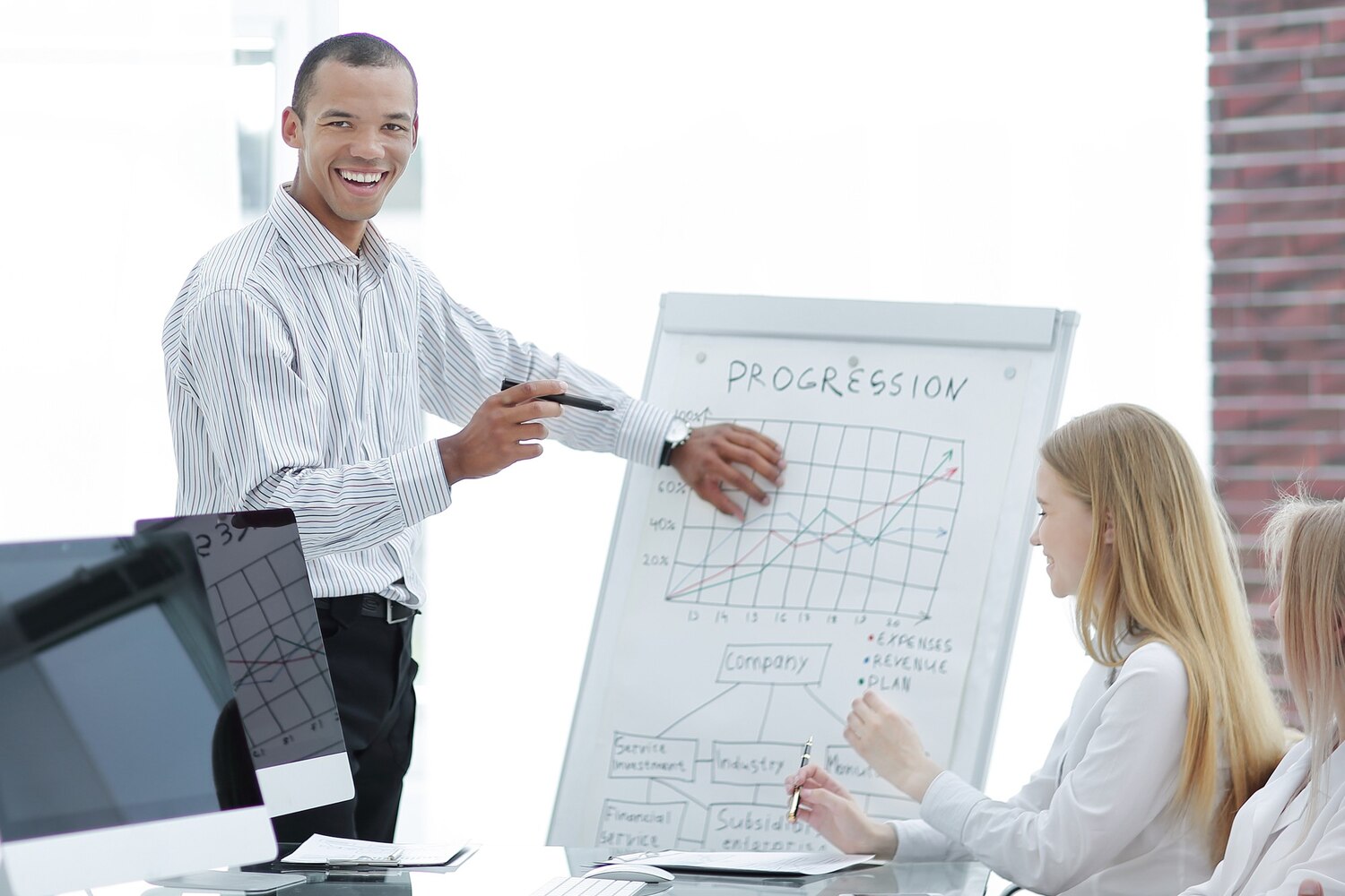 Product manager and analyst reviewing experiment charts and decisions for performance impact