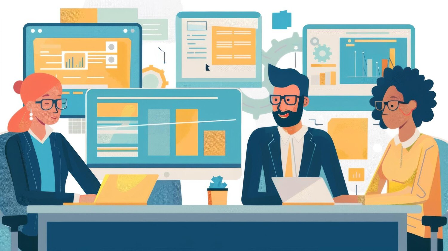 Product manager and engineers collaborate on sprint planning for a custom development project