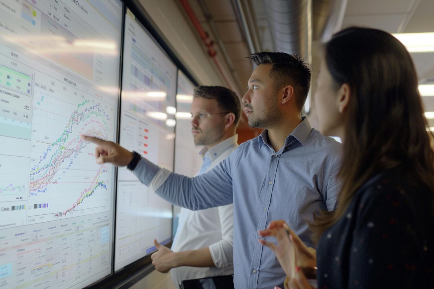Engineers and analysts collaborating on an event tracking schema in a tech office, outlining measurement architecture for scalable analytics
