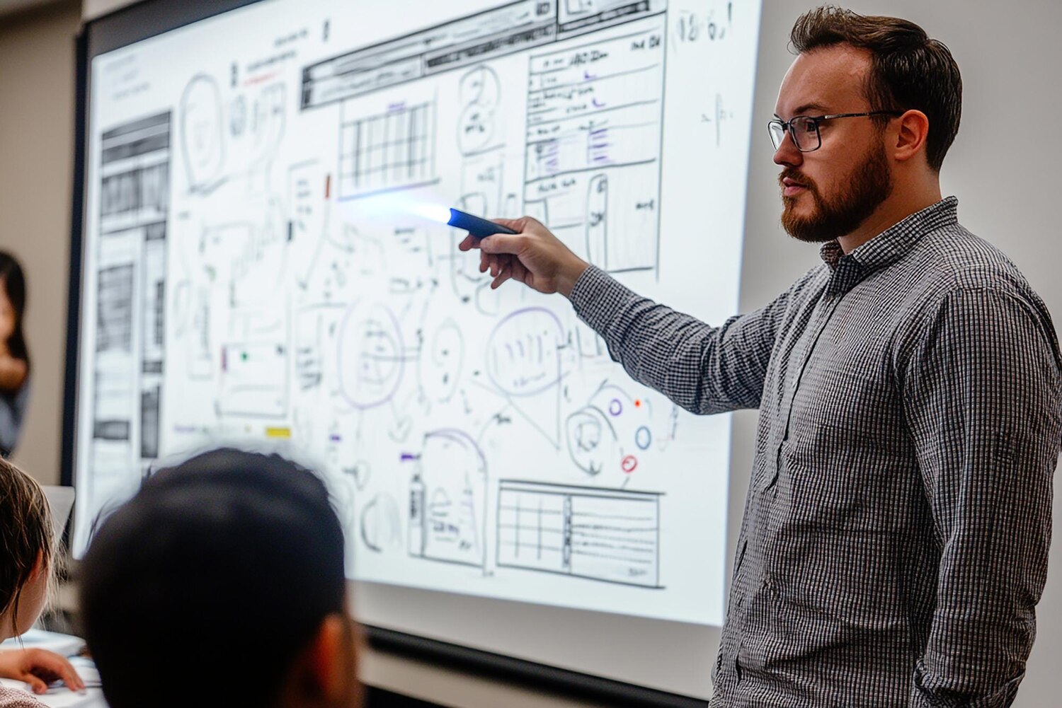 Systems architect explaining event-driven microservices and data flows to product and engineering leads