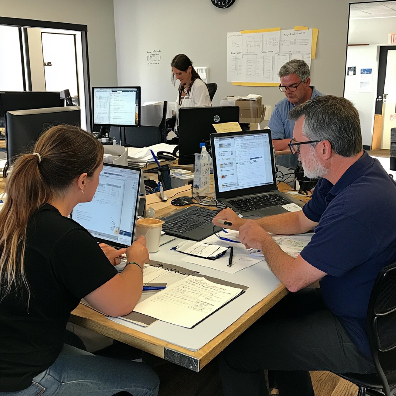 Designers and engineers collaborate on A/B test variants for a conversion-focused web design initiative in a project room