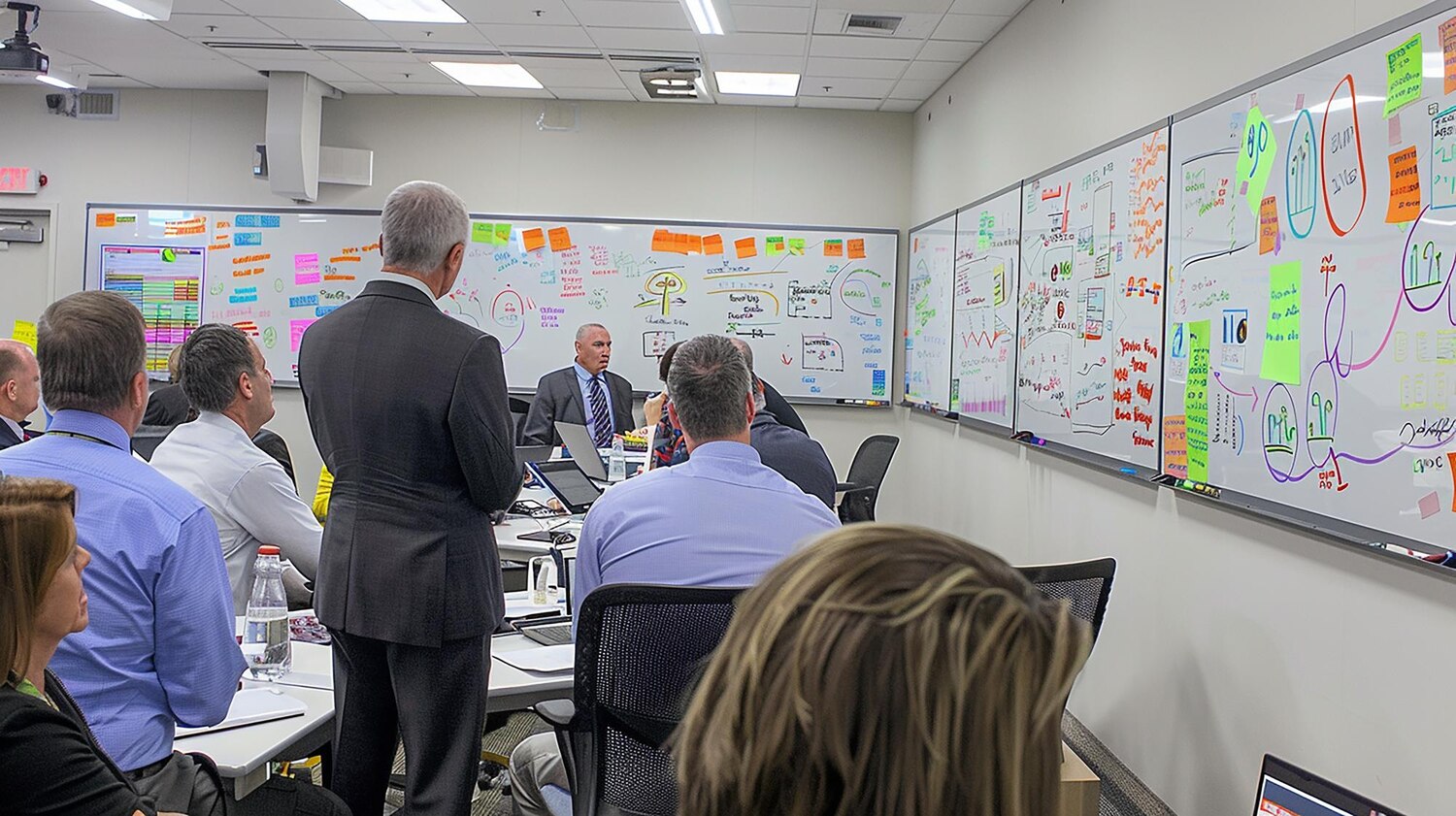 Product, engineering, and analytics team mapping outcomes to capabilities on a shared digital whiteboard