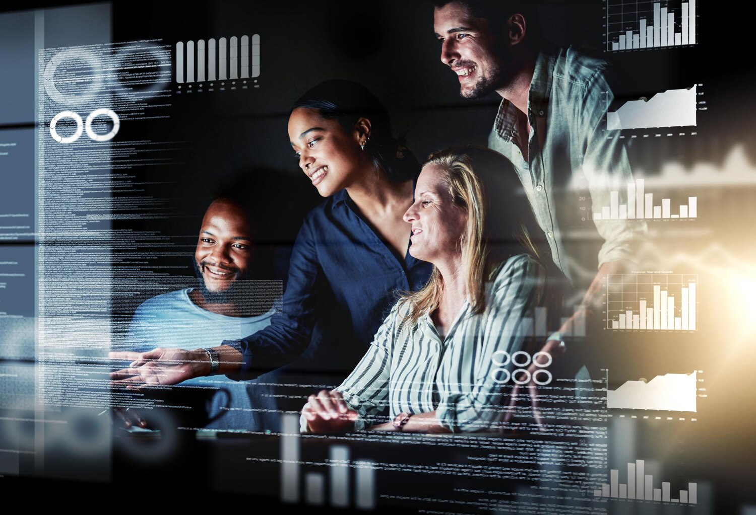Cross-functional product and engineering team plans a sprint while reviewing live analytics dashboards aligned to strategy