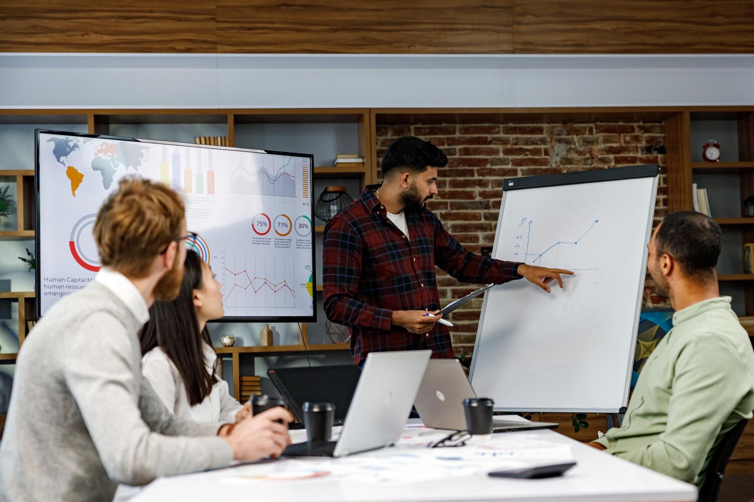 Discovery workshop for custom software development with engineers, designers, and a product manager mapping domains