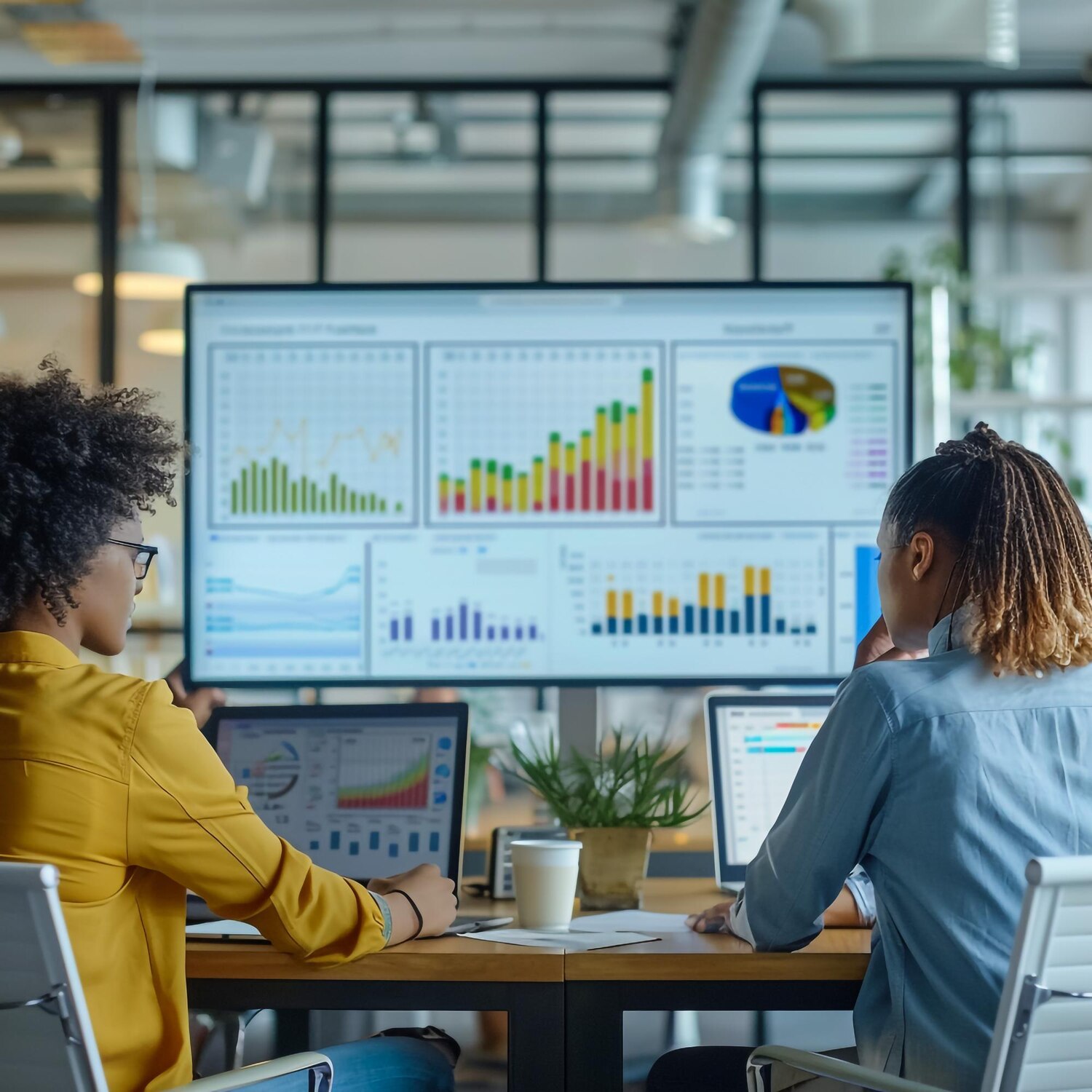 Analyst and developer review DORA and product dashboards to steer the transformation roadmap