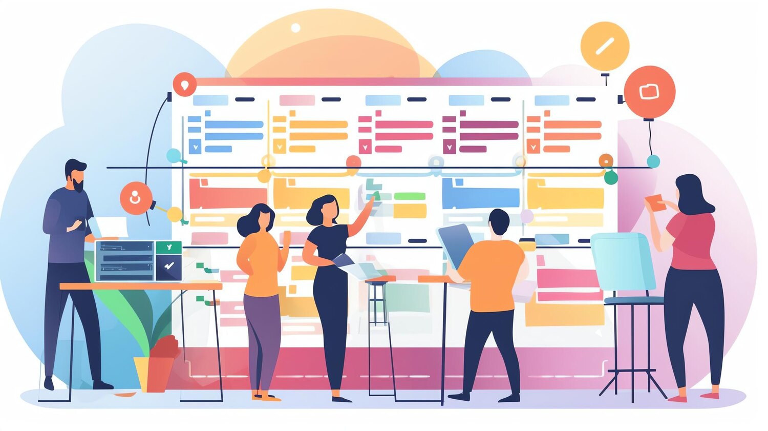 Cross-functional product team collaborates around a Kanban board and laptops to map user journeys and prioritize transformation work.