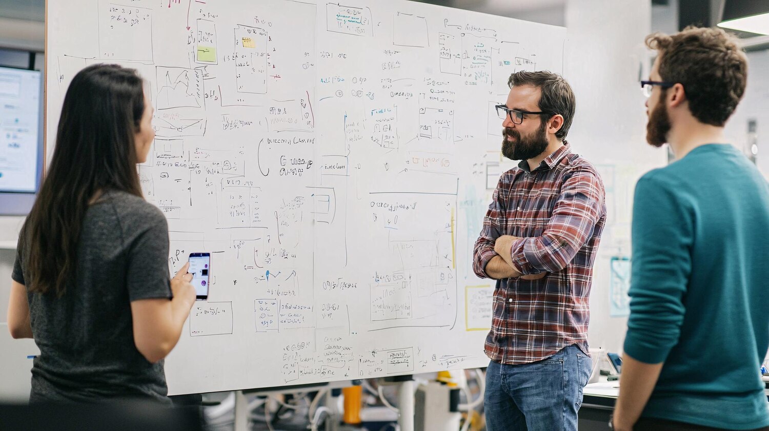 Cross-functional product and engineering team sketching service architecture and automation flows aligned to the transformation roadmap