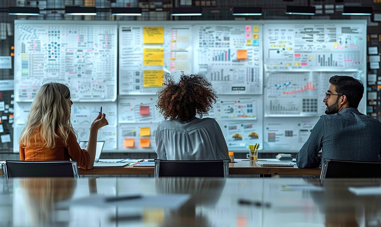 Cross-functional team aligns on model deployment pipeline and release plan during a sprint review in a software office